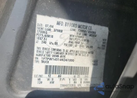 2004 Ford F150 Supercrew from USA, damaged, VIN 1FTPW14514KD61000